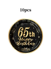 Bộ 10/20/30 đĩa giấy sinh nhật lần thứ 40/55/60/65/75, đĩa tiệc màu đen và vàng kim loại, đĩa tròn 9" & 7" dùng cho bữa tối và tráng miệng với họa tiết quà tặng vàng, pháo hoa và bóng bay. In dòng chữ "Chúc mừng sinh nhật lần thứ 40/55/60/65/75" dùng để trang trí tiệc sinh nhật cho nam và nữ. - 65 tuổi - Xem 9