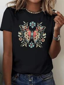 Butterfly Formed By Colorful Flowers That Symbolize Freedom, Transformation And Natural Beauty With Symmetrical Details That Evoke Harmony And Positive Energy. Women's Casual T-Shirt, Modern And Comfortable For Everyday Wear - 黑色 - 查看 8