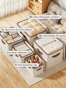 1pc Minimalist Solid Color Linen Blend Foldable Storage Box With Dustproof Cover, Breathable Thickened Stackable Closet Storage Basket With Handles, Space-Saving, Suitable For Bedroom, Dorm, Clothes, Underwear, Socks, Toys And Miscellaneous Items - Brown - View 5