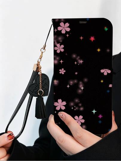 1 pieza Funda de teléfono de cuero PU con textura de seda de alta calidad, con patrón de estrellas y flores de cerezo, cobertura completa, anti-caída, con soporte plegable para ver TV/vídeo, ranura para tarjetas, protección de Body completo con cordón, adecuado como regalo de cumpleaños/festivo para amigos, familiares, parejas, usted mismo, compatible con iPhone17/iPhone17 Air/iPhone17pro/iPhone17pro Max/iPhone16/iPhone16 Plus/iPhone16pro/iPhone16pro Max/iPhone15/iPhone15 Plus/iPhone15pro/13/14/12/11
