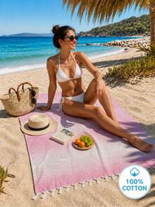 100% Cotton Turkish Beach Towel - Striped Peshtemal with Tassels- Quick-Dry & Soft Boho Beach Blanket - 粉色 - 查看 5