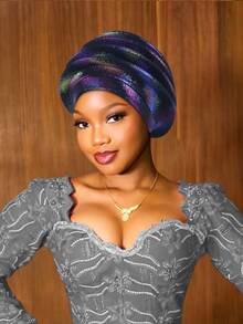 1pc Metallic Color Headscarf, African Style Pleated Headwrap, Pre-Tied Headpiece For Women, Multi-Color Options - A - View 8