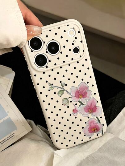 1 pieza Funda de teléfono suave y resistente a los golpes con patrón floral de lunares negros minimalista y corazón lateral, adecuada como regalo de cumpleaños/festividad para amigos, familia, parejas, compatible con 17/16/15/14/13/12/11/X/XR/XS MAX, Galaxy A56/55/A03S Series