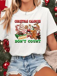 Dulces navideños con galletas de jengibre renos bastones y pasteles que transmiten alegría festiva y espíritu de celebración camiseta de mujer casual divertida para Navidad - Blanco - Ver 1