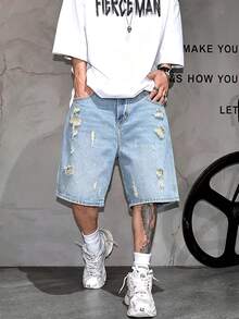 Pantalones cortos de mezclilla desgastados y lavados de moda callejera de verano para hombres - Lavado ligero - Ver 5