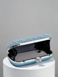 Light Blue Pearl Beaded Evening Clutch, Pearl & Rhinestone Decorated Wallet,Bride, Wedding Items - Baby Blue - View 3