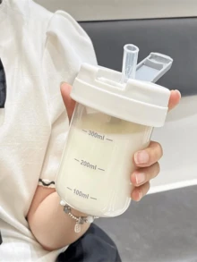 1個 (550ml) 透明吸管水瓶，刻度塑料杯適用於果汁，可重複使用便攜吸管杯，防漏旅行水瓶，咖啡療癒圖案馬克杯，運動健身飲水瓶，日常補水，成人禮物 - 彩色 - 查看 3