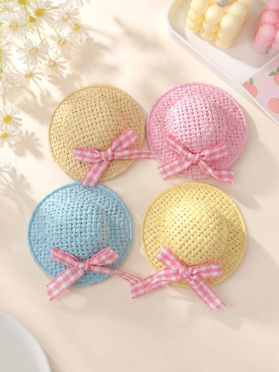 2/4-Piece Set Of Fresh Bow Woven Straw Hat Hair Clip Mini Cute Hair Accessory (Random Color) - Multicolor - View 1