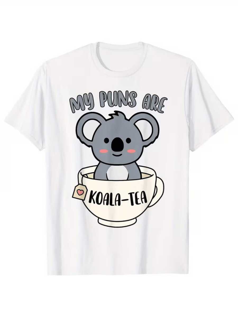 Koala sonriente dentro de una taza de té transmite ternura y humor con un juego de palabras que inspira alegría y energía positiva perfecta para momentos relajados camiseta de mujer casual moderna - Blanco - Ver 1
