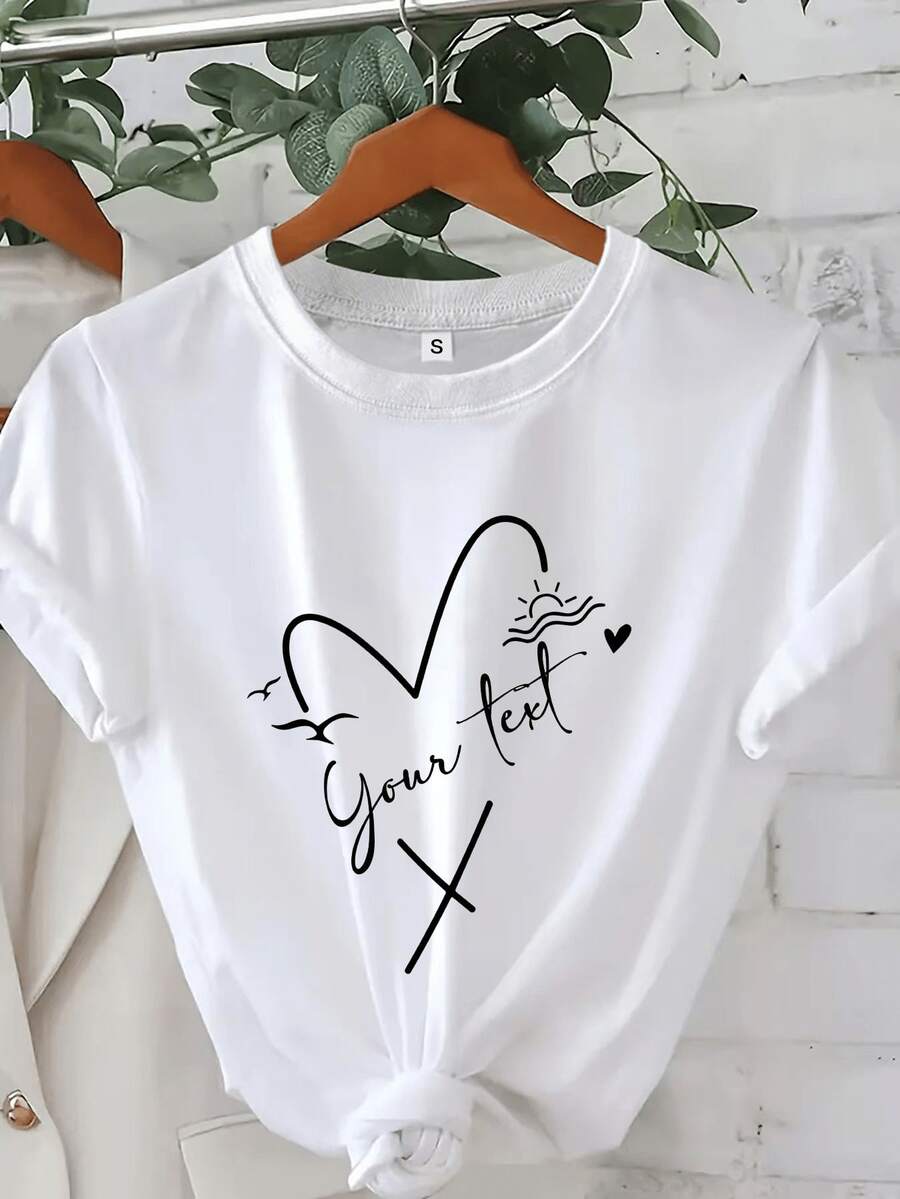 Personalized T-Shirt With Heart Text, Sequin Heart T-Shirt, Custom T-Shirt, Personalized T-Shirt, Gift For Mother, Gift For Teacher's Day - White - View 1