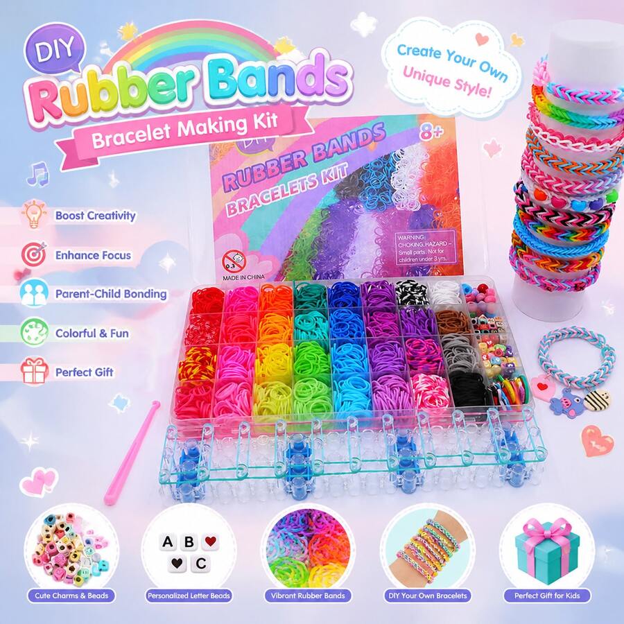 2650pcs Rainbow Silicone Rubber Band Handmade Set, DIY Bracelet Making Design, Includes Letter Charms, Creative Gift For Teenagers - Bead Kit - View 1