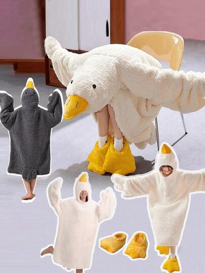 2pcs/Set Oversized Goose Down Hooded Blanket Sweatshirt, Extra Large With Pockets, Includes Goose Foot Slippers. Warm And Comfortable Flannel Fabric, Perfect Adult Gift - The Warmest Present. (Slight Color Difference, Actual Item Prevails.)
