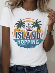 Paisaje tropical con palmeras barco y sol naciente que evoca libertad aventura y serenidad junto al mar perfecta para expresar ganas de viajar y disfrutar del verano camiseta de mujer casual y cómoda - Blanco - Ver 8