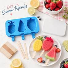 1pc 3-Cavity Silicone Popsicle Mold With Lid, Fruit Shape Ice Pop Maker, Pineapple Watermelon Strawberry Design, Flexible Easy Release Reusable Frozen Treat Tray, DIY Homemade Popsicle Mold For Smoothies, Yogurt Bars, Fruit Pops, Summer Snacks, Kitchen, Home Baking & Party Dessert Prep - Khuôn làm kem que bằng silicon - Xem 6
