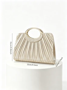 Champagne Gold Pleated Clutch Bag, Rhinestone Ring Handle Suitable For Wedding, Gala And Cocktail Party - Apricot - View 3