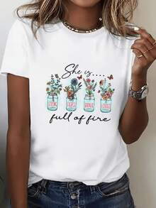 Frascos con flores coloridas que simbolizan la fuerza la valentía el amor y la energía interior femenina con mariposas que evocan libertad y vida camiseta de mujer casual cómoda de manga corta - Blanco - Ver 1