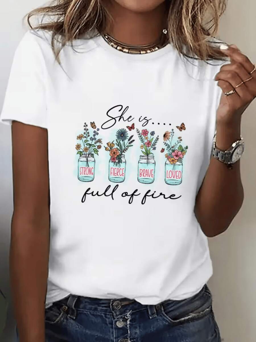 Frascos con flores coloridas que simbolizan la fuerza la valentía el amor y la energía interior femenina con mariposas que evocan libertad y vida camiseta de mujer casual cómoda de manga corta - Blanco - Ver 1