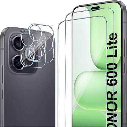 4 قطع مجموعة واقي الشاشة متوافق مع Honor 600/600 Lite/600 Pro، Honor 400 LITE، X7D، تشمل: واقي عدسة الكاميرا عالي الدقة، واقي شاشة زجاج مقاوم للخدش، مقاوم للبصمات، فيلم واقي لعدسة الكاميرا، واقي عدسة الكاميرا ثلاثي الأبعاد عالي الدقة