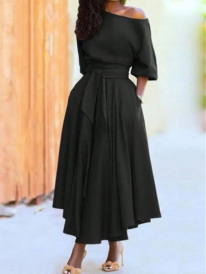 Women's Off The Shoulder Maxi Dress Elegant Tie Waist A-Line Long Party Dresses With Pockets Black Summer
