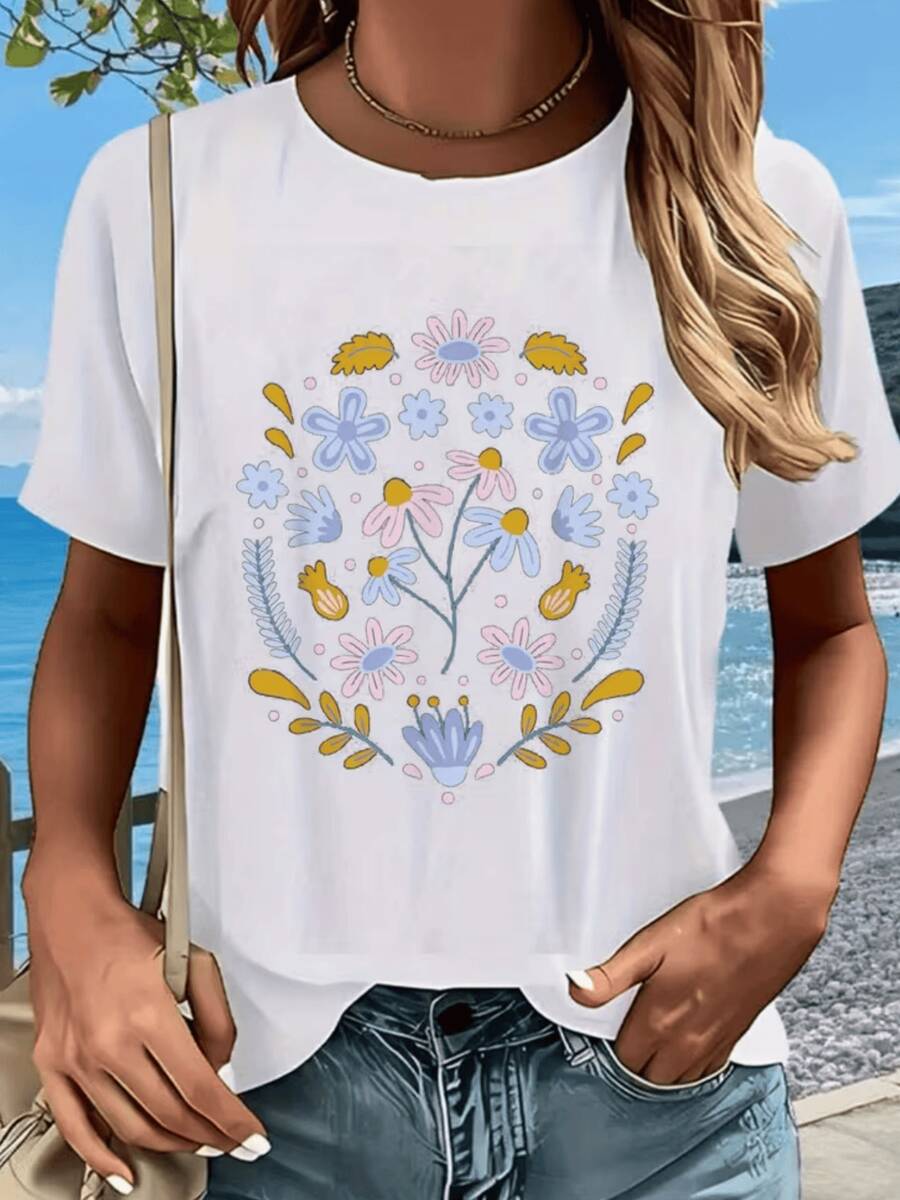 Ramo de flores con pétalos rosados y azules rodeado de hojas doradas que simbolizan alegría esperanza y armonía en la naturaleza camiseta de mujer casual cómoda para días soleados y paseo al aire libre - Blanco - Ver 1