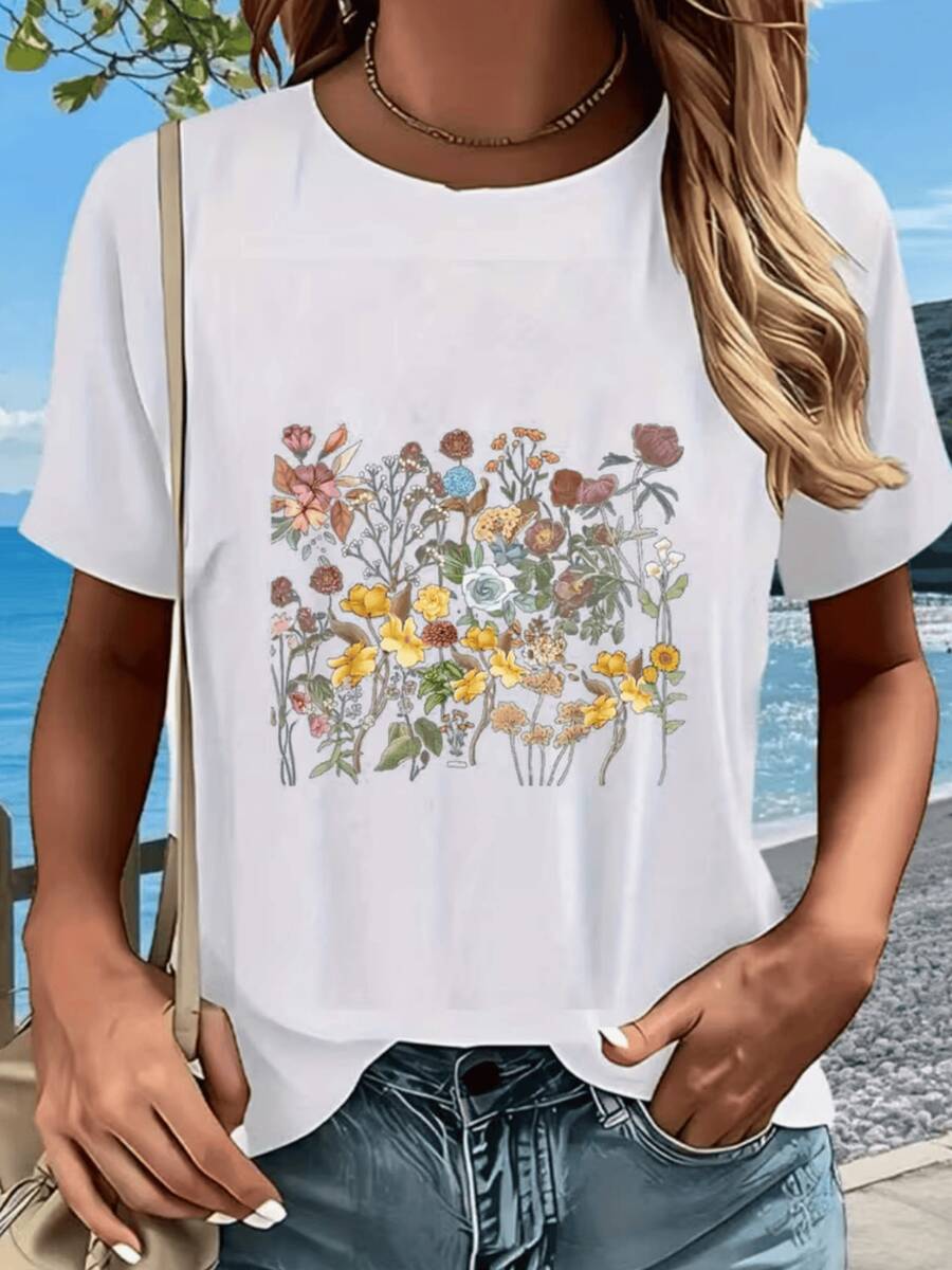 A Collection Of Wildflowers In Warm And Cool Tones Represents The Harmony Of Nature And The Joy Of Color, Giving A Sense Of Freedom And Renewal Every Day. A Stylish Casual Women's T-Shirt For Everyday Wear. - 白色 - 查看 1