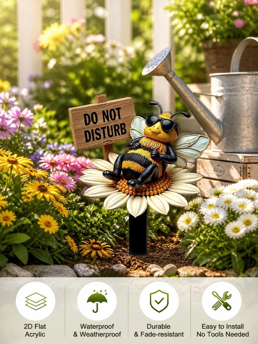 1 Peça Placa de Jardim Acrílica 2D com Abelha Sentada em Flor e Logotipo, Adiciona Decoração ao Jardim, Adequada para Decoração de Quintal Externo - A - Visão 1