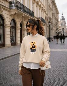 Women's Bear Blogger Style Crew Neck Sweatshirt (No Hood) - Winter - 米色 - 查看 1