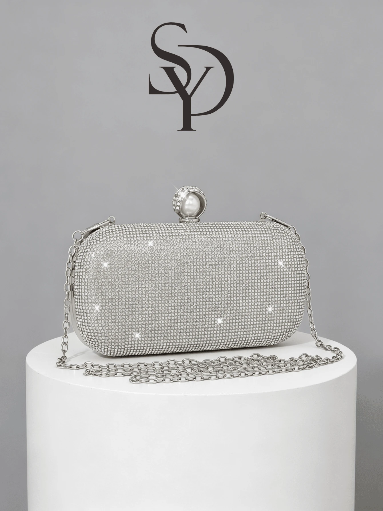 Bolso de mano de noche de mujer con cristales de plata y brillantes, cartera decorada con perlas y cristales - Plateado - Ver 1