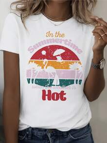 Summer Landscape With Bright Sun, Palm Trees, Flamingo, And Silhouette Of A Person Resting Under An Umbrella, Evoking Tranquility And Joy On Warm Afternoons. Comfortable Casual Women's T-Shirt For Sunny Days. - 白色 - 查看 1