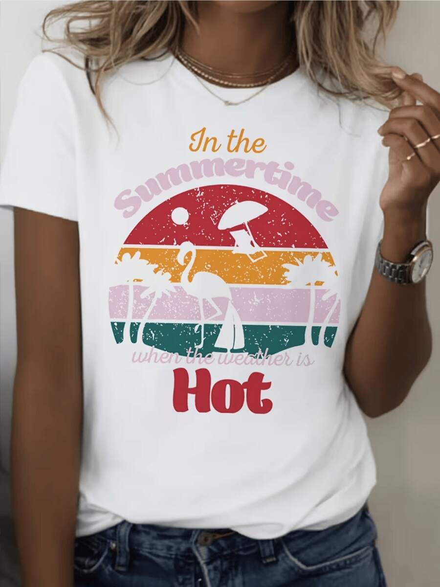 Summer Landscape With Bright Sun, Palm Trees, Flamingo, And Silhouette Of A Person Resting Under An Umbrella, Evoking Tranquility And Joy On Warm Afternoons. Comfortable Casual Women's T-Shirt For Sunny Days. - 白色 - 查看 1