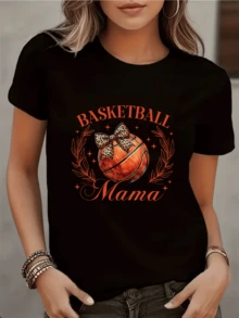 Basketball With Animal Print Bow Surrounded By Leaves And Stars Celebrating The Passion And Pride Of Motherhood. Women's Casual, Modern, Comfortable And Attractive T-Shirt For Everyday Wear. - 黑色 - 查看 8