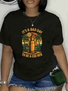 Botella de cerveza frente al atardecer tropical rodeada de palmeras y frutas cítricas que transmiten relax y buen humor camiseta de mujer casual perfecta para verano y playa - Negro - Ver 8