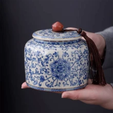 复古蓝白莲花陶瓷圆罐，家居装饰，储物罐，茶室桌面橱柜装饰罐 - 查看 12