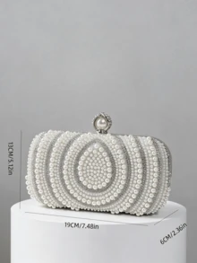 Elegant Pearl & Rhinestone Spiral Pattern Evening Clutch, Pearl Clasp Handbag - Silver - View 2