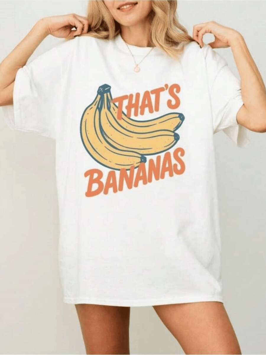 Grupo de plátanos amarillos transmite energía alegría y humor tropical con texto divertido que invita a sonreír camiseta de mujer casual cómoda para uso diario - Blanco - Ver 1