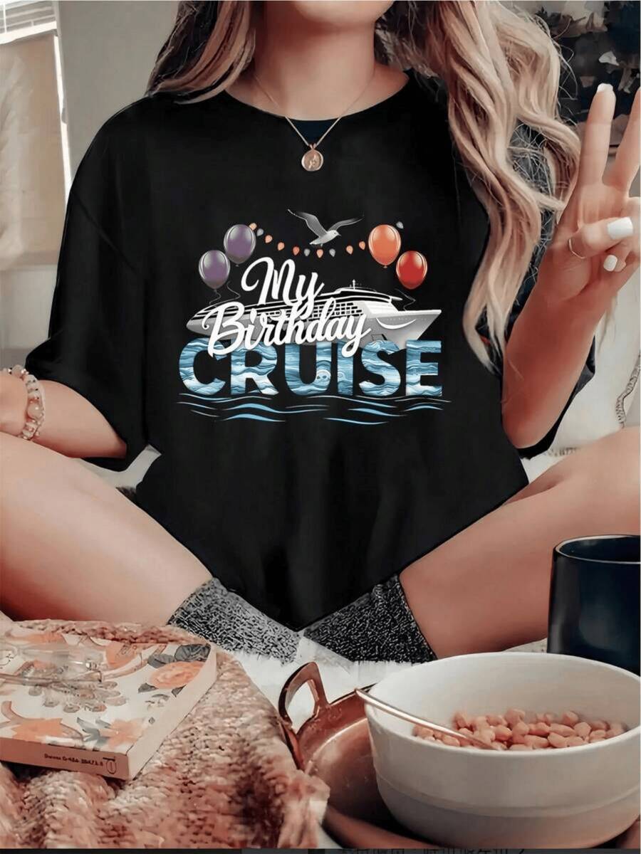Globo colorido sobre un crucero que navega con alegría simboliza la celebración de la vida y libertad sobre el mar en días especiales camiseta de mujer casual cómoda para fiestas y viajes - Negro - Ver 1