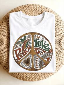 Símbolo grande de paz y amor con corazones y flores que evocan un mensaje de armonía unión libertad y espíritu positivo ideal para expresar energía optimista camiseta de mujer casual moderna y cómoda - Blanco - Ver 8