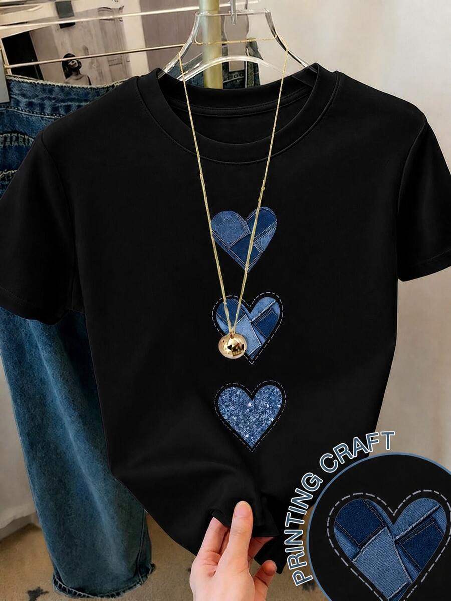 Women's Short-Sleeved T-Shirt With Heart Print, Spring Clothing, Holiday Outfit, White For Summer, Beach Look, Vacation Style, Country Style, Women's Office Outfit. - 黑色 - 查看 1