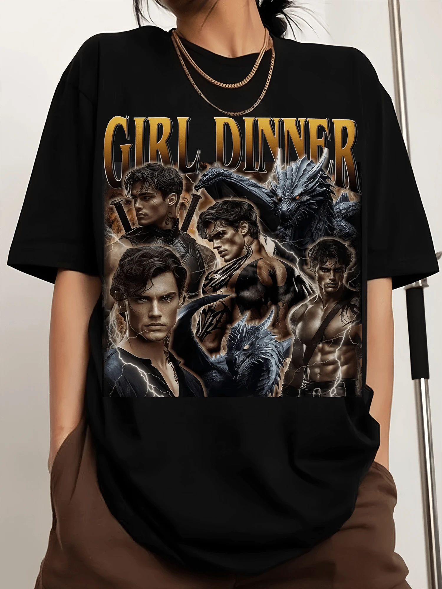 Xadens Riorsons Girl Dinner Men's Fashion T-Shirt With Round Neck And Print, Short Sleeves, Comfortable And Versatile. - Black - View 1