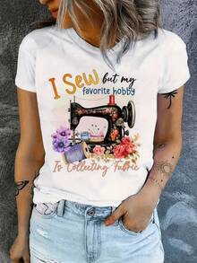 Vintage Sewing Machine Surrounded By Colorful Flowers Symbolizing Creativity, Passion For Sewing And Textile Art. Attractive Casual Women's T-Shirt For Knitting And Sewing Lovers. - 白色 - 查看 8