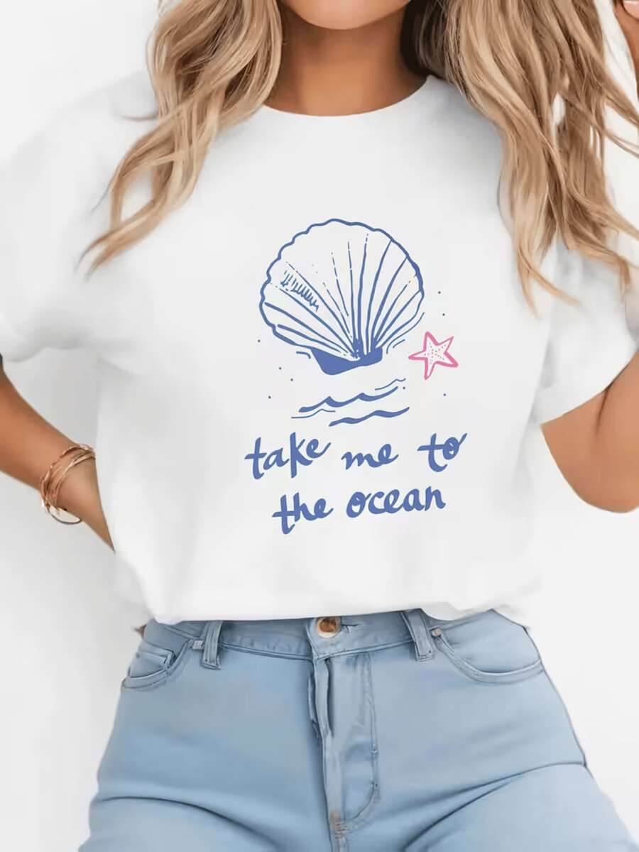 Concha marina abierta junto a una estrella de mar que evoca libertad paz y el deseo de sentir la brisa salada frente al horizonte marino camiseta de mujer casual blanca cómoda para verano playa - Blanco - Ver 1