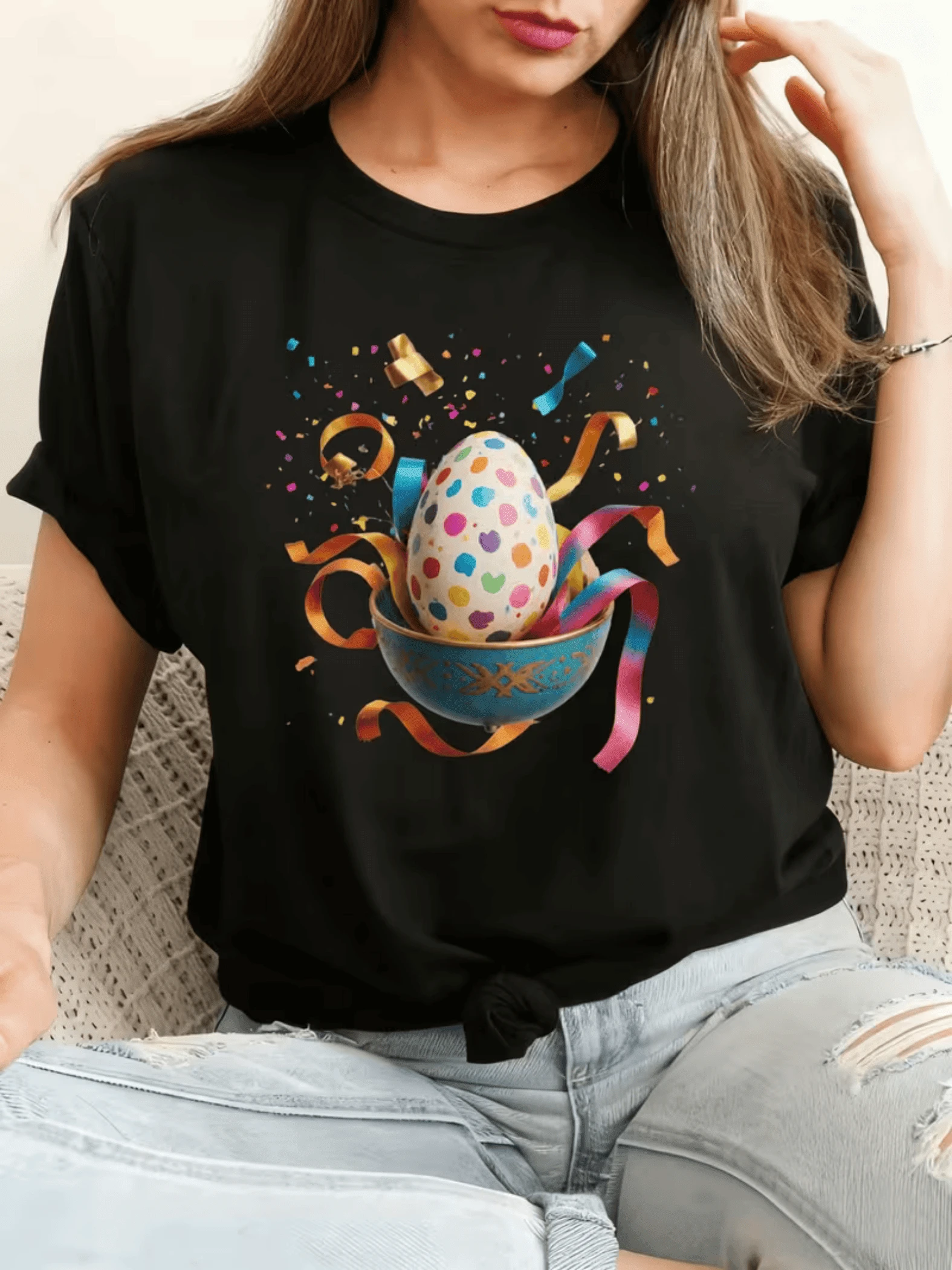 Huevo decorado con corazones multicolor que simboliza alegría vital y renovación rodeado de cintas festivas que evocan energía positiva camiseta de mujer casual moderna para uso diario cómoda y atractiva - Negro - Ver 1