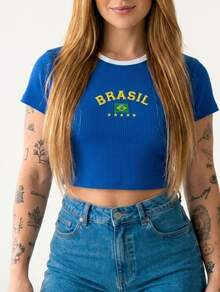 Cropped T-Shirt Brazil Print Top Blouse Round Neck Short Sleeve World Cup  Brazil  Fan Cotton Daily - 藍色 - 查看 1