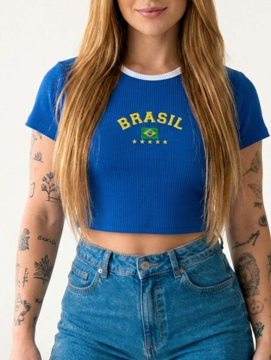 Cropped T-Shirt Brazil Print Top Blouse Round Neck Short Sleeve World Cup Brazil Fan Cotton Daily - 藍色 - 查看 1