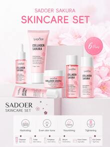 Bộ sản phẩm chăm sóc da Sakura Collagen 6 món, bộ dưỡng ẩm và nuôi dưỡng da mặt gồm sữa rửa mặt, toner, serum, kem dưỡng và kem dưỡng mắt, chăm sóc da hàng ngày, bộ quà tặng du lịch cho phụ nữ, chăm sóc sắc đẹp tự nhiên kiểu SPA. - Hoa anh đào - Xem 4