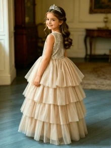 Girls Sequin Sleeveless Dress, Children's Princess Dress, Summer Wedding Party Cake Dress, Long Dress - Champagne - View 4