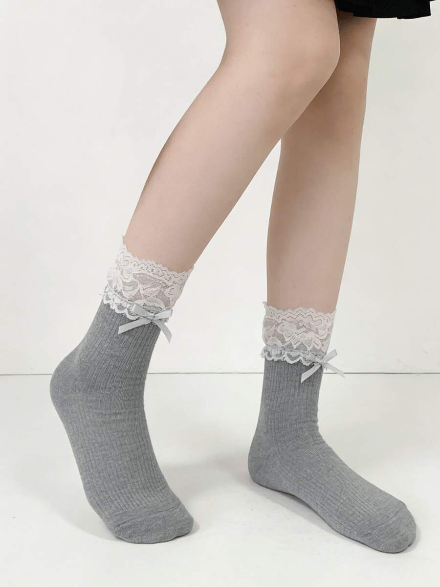 1/4 Pair Lace Patchwork Bow Ballet Style Mid-Calf Socks, Summer - Multicolor - View 1