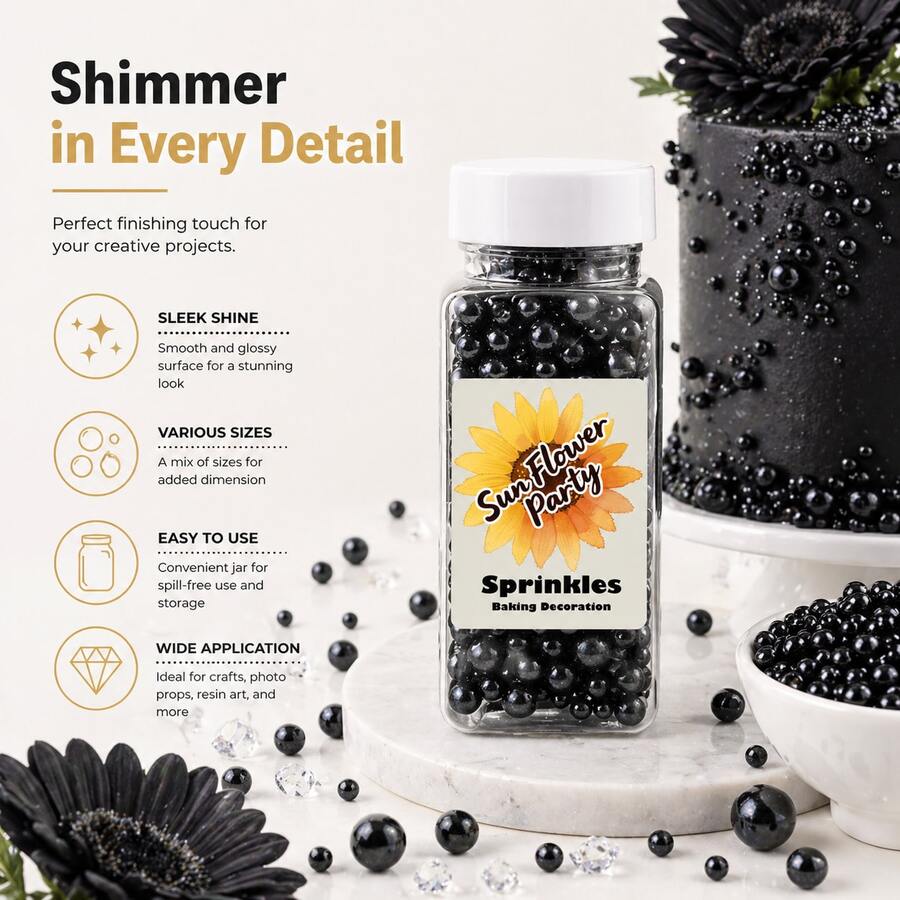 95g/3.35oz Cake Decorating Pearl, Black Colored Pearl Sprinkles, Mixed Sizes. Suitable For Cookies, Ice Cream, Macarons, Donuts, Cupcakes And Pudding Decoration. Ideal For Birthday, Wedding, Party, Valentine's Day, Mother's Day