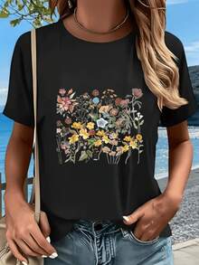 A Collection Of Wildflowers In Warm And Cool Tones Represents The Harmony Of Nature And The Joy Of Color, Giving A Sense Of Freedom And Renewal Every Day. A Stylish Casual Women's T-Shirt For Everyday Wear. - 黑色 - 查看 1