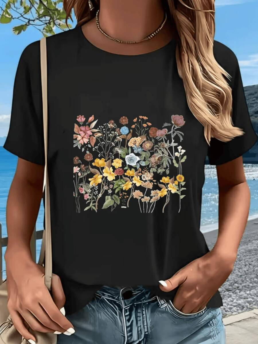 A Collection Of Wildflowers In Warm And Cool Tones Represents The Harmony Of Nature And The Joy Of Color, Giving A Sense Of Freedom And Renewal Every Day. A Stylish Casual Women's T-Shirt For Everyday Wear. - 黑色 - 查看 1